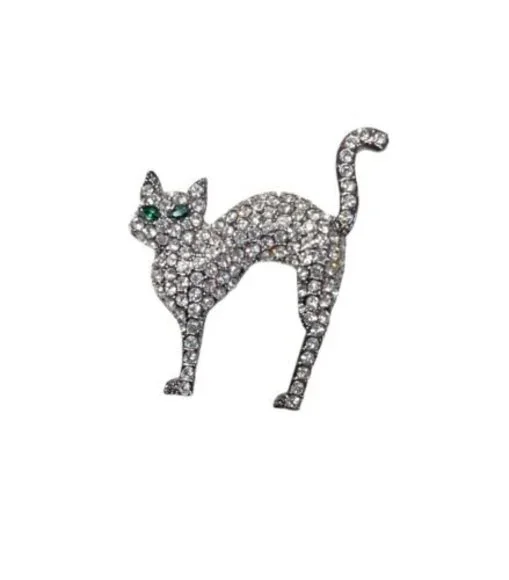 Cat Brooch Pin Silver Tone Rhinestone Green Eyes 2 X 2” - Picture 1 of 4